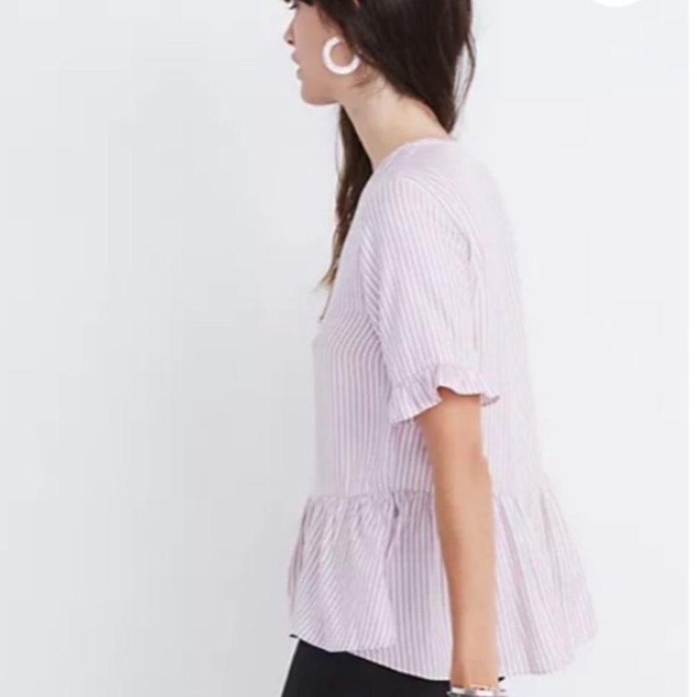 Madewell Studio Ruffle Hem Top Lavender Stripe Button Up Peplum Top - Picture 2 of 9